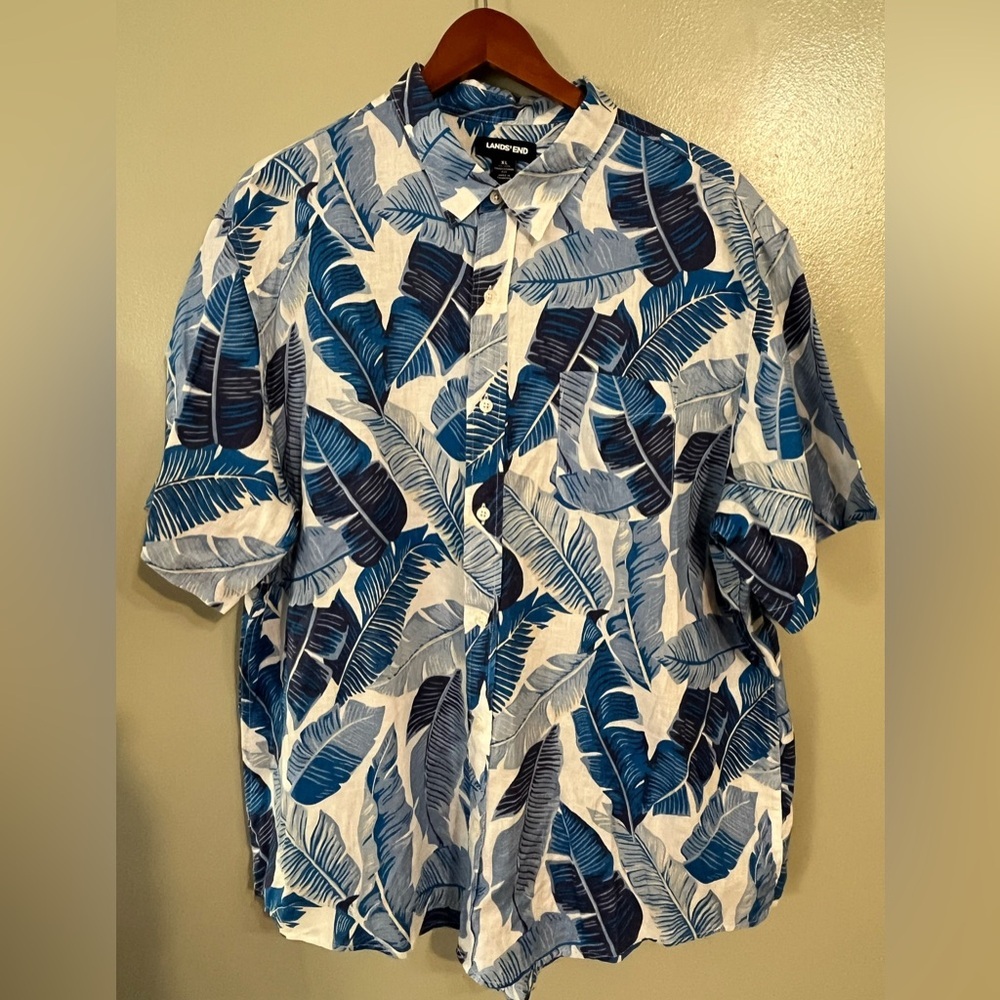 Lands End Men's Blue Leaf Print Shirt 100% Linen Boho Vacation Resort Beach XL